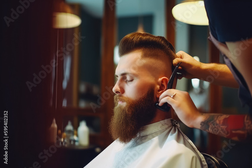 Barber shaving bearded male with sharp razor. Close up of professional barber styling. Generative AI.