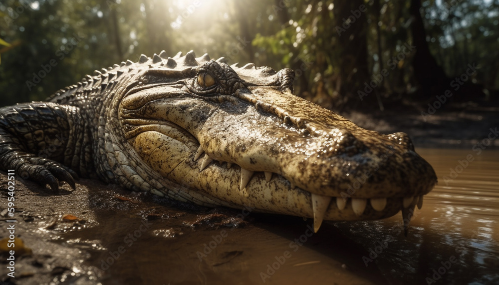 Obraz premium Large crocodile teeth rip through green fish generated by AI