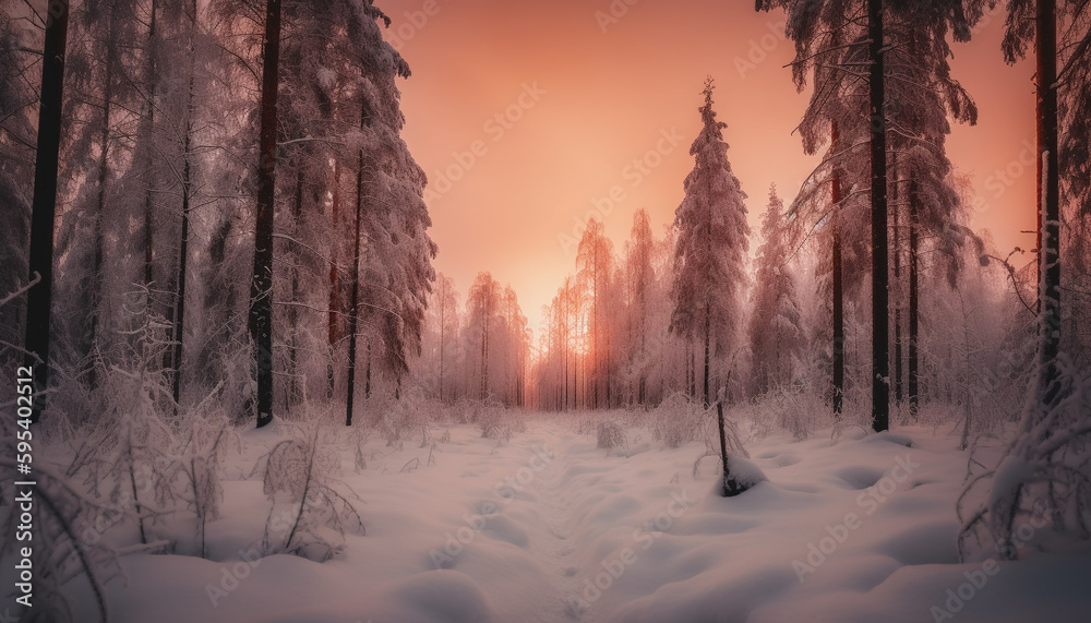 Tranquil autumn forest with frozen conifers at dusk generated by AI Tranquil autumn forest with frozen conifers at dusk generated by AI