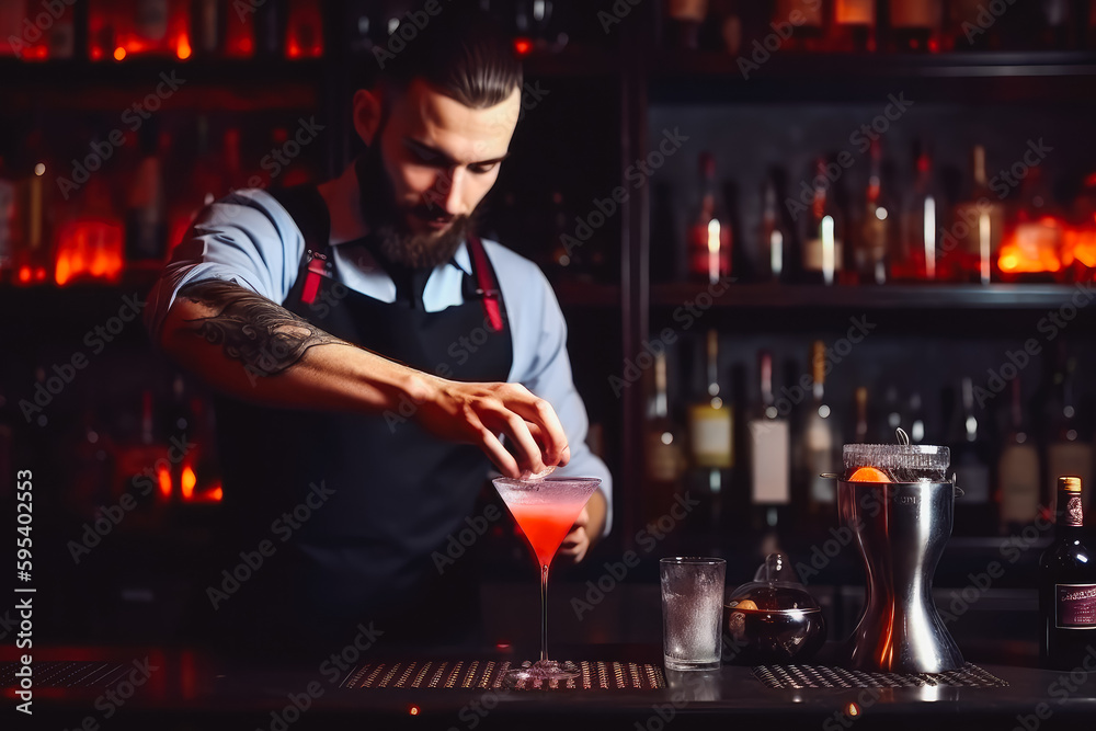 Barman making cocktails at night club. Professional young barman mixing drink behind bar. Generative AI