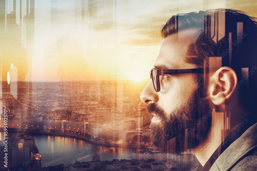 Fototapeta premium Closeup photo of stylish bearded banker wearing glasses. Businessman portrait wearing eyeglasses looking away. Successful business. Generative AI.