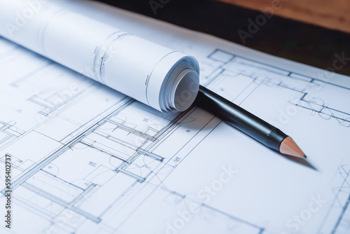 Architect rolls and architectural plan technical project idea. Pen and papers on table. Generative AI.