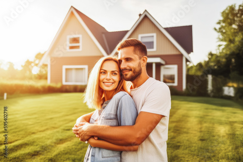 Happy young couple in dream new home. Young man and woman buying new house. Generative AI. © VisualProduction