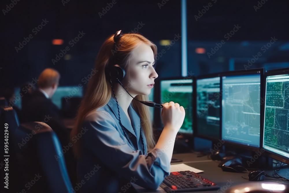 System control center woman working in Air traffic control workplace. Professional air traffic control. Generative AI System control center woman working in Air traffic control workplace. Professional air traffic control. Generative AI