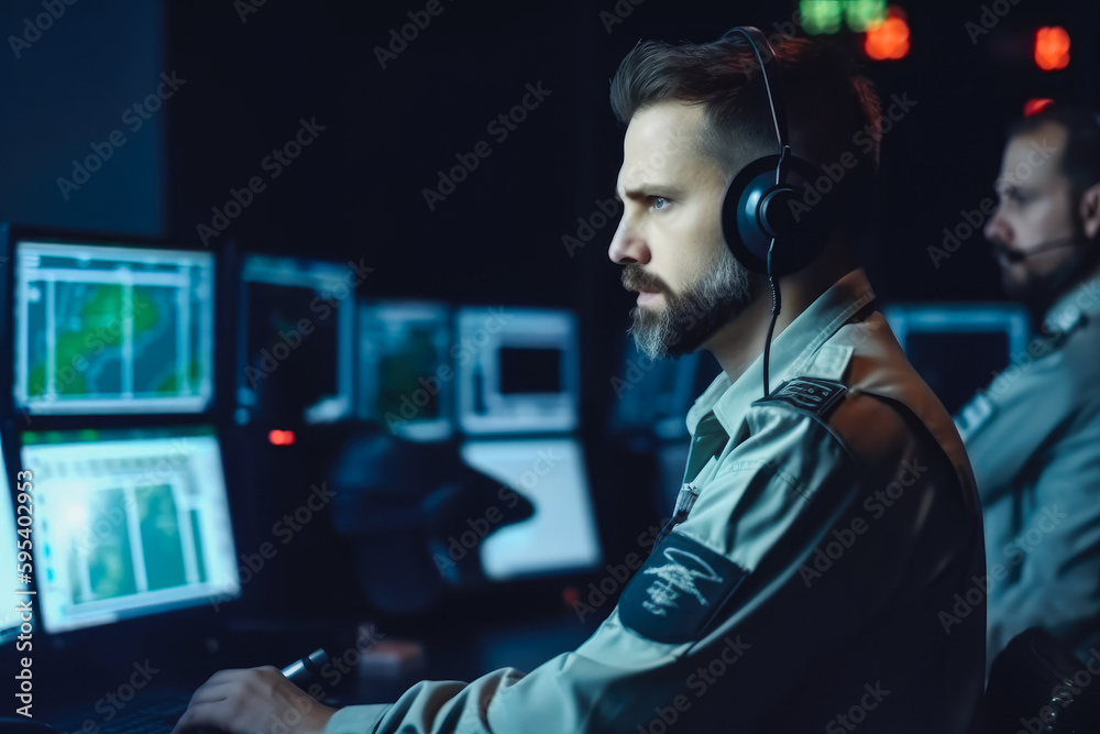 System control center man working in Air traffic control workplace. Professional air traffic control. Generative AI System control center man working in Air traffic control workplace. Professional air traffic control. Generative AI