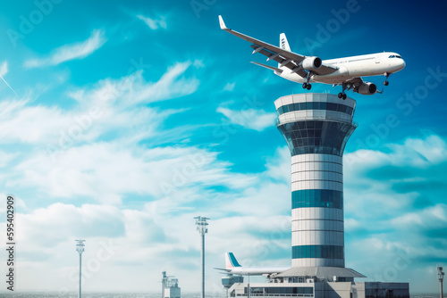 Passenger aircraft Plane landing above air traffic control tower. Runway shot of plane taking off. Generative AI. © VisualProduction