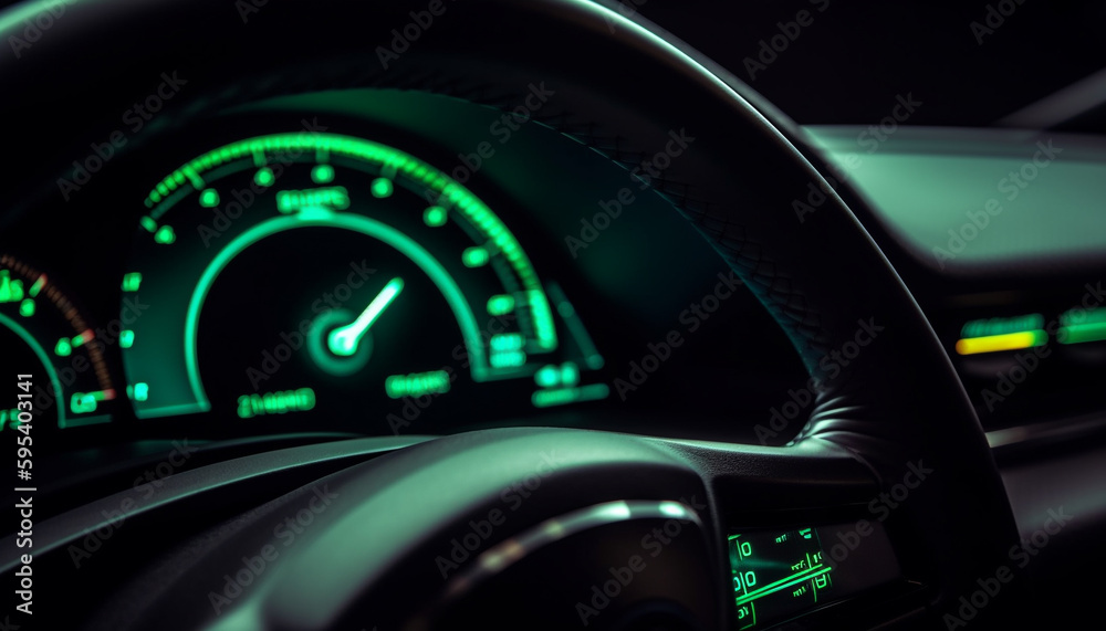 Speeding car blurs past glowing speed limit sign generated by AI Speeding car blurs past glowing speed limit sign generated by AI
