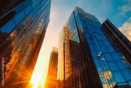 Sunset reflected off modern glass facades of skyscraper. Busy modern city life buildings in morning light. Generative AI.