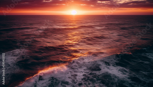 Sunset over water, waves crash on sand generated by AI