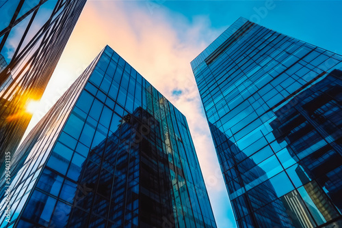 Sunset reflected off modern glass facades of skyscraper. Busy modern city life buildings in morning light. Generative AI.