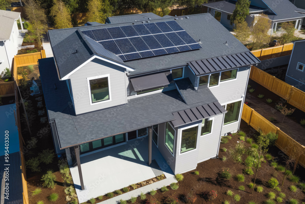 Top down view of modern single family homes and solar panels on roof. Modern residential area. Generative AI. Top down view of modern single family homes and solar panels on roof. Modern residential area. Generative AI.