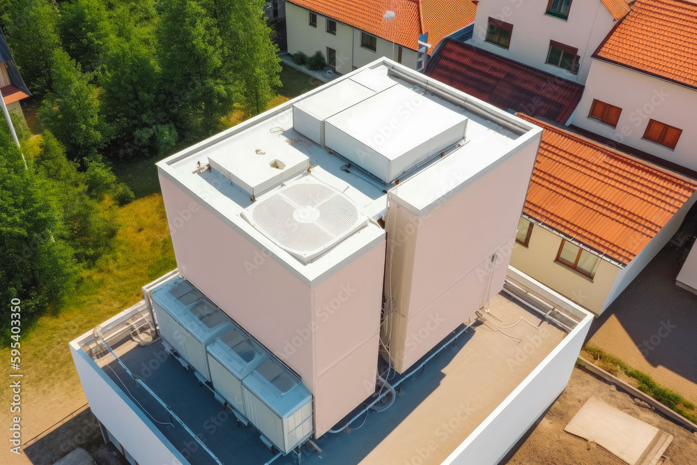 Modern new air heat pump on house roof. Sunset time closeup shot of new air heat pump. Generative AI. Modern new air heat pump on house roof. Sunset time closeup shot of new air heat pump. Generative AI.