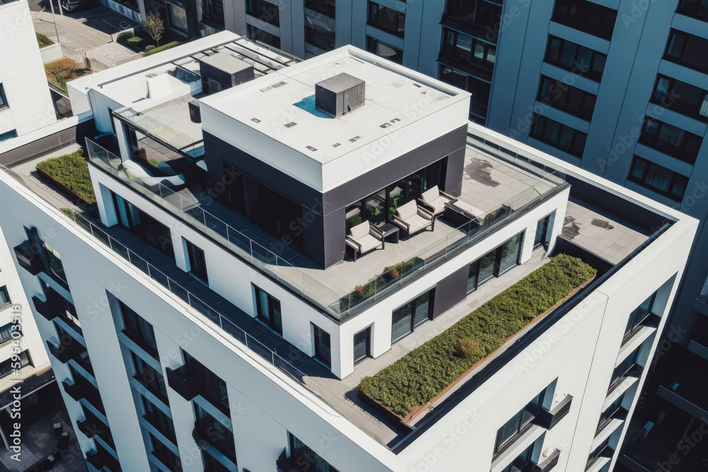 Penthouse with terrace in top of multi story modern apartment building. Empty terrace on top of building. Generative AI Penthouse with terrace in top of multi story modern apartment building. Empty terrace on top of building. Generative AI