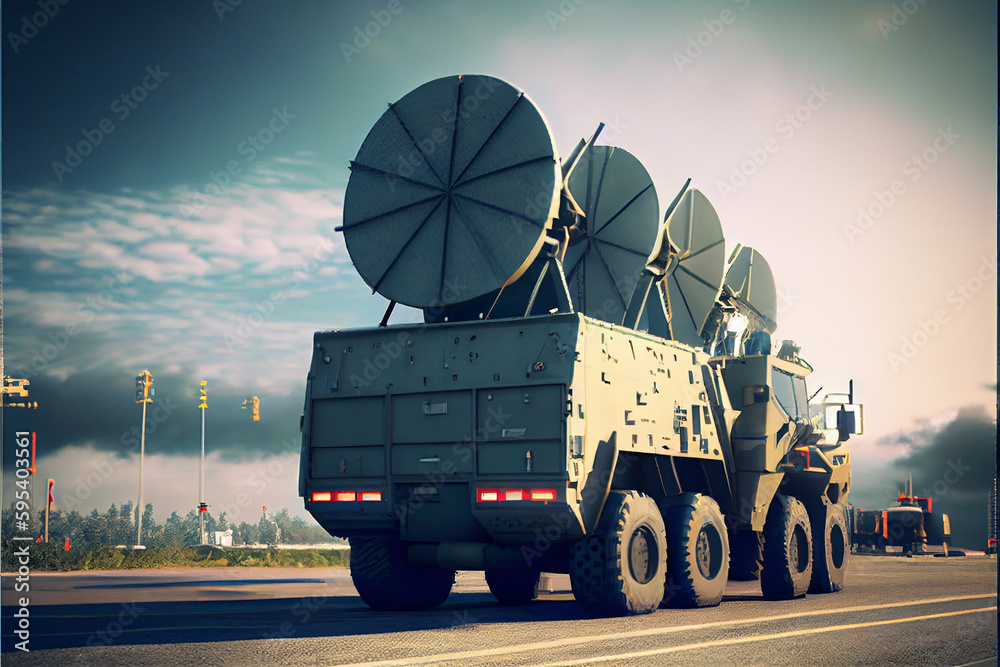 Air defense radars of military mobile antiaircraft systems in green color and ballistic rocket launcher with four cruise missiles in centre of frame, modern army industry . High quality illustration - obrazy, fototapety, plakaty 