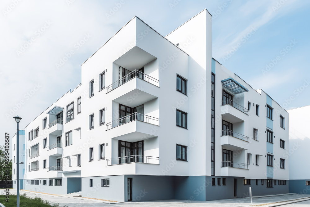 Modern multistory apartment building with white walls and parking spaces in front. Generative AI