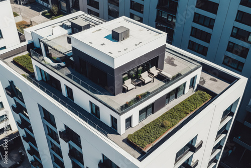 Penthouse with terrace in top of multi story modern apartment building. Empty terrace on top of building. Generative AI