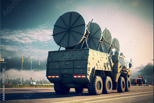 Air defense radars of military mobile antiaircraft systems in green color and ballistic rocket launcher with four cruise missiles in centre of frame, modern army industry Fototapet