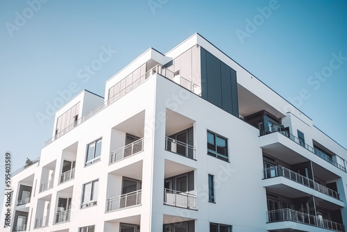 Modern multistory apartment building with white walls and parking spaces in front. Generative AI