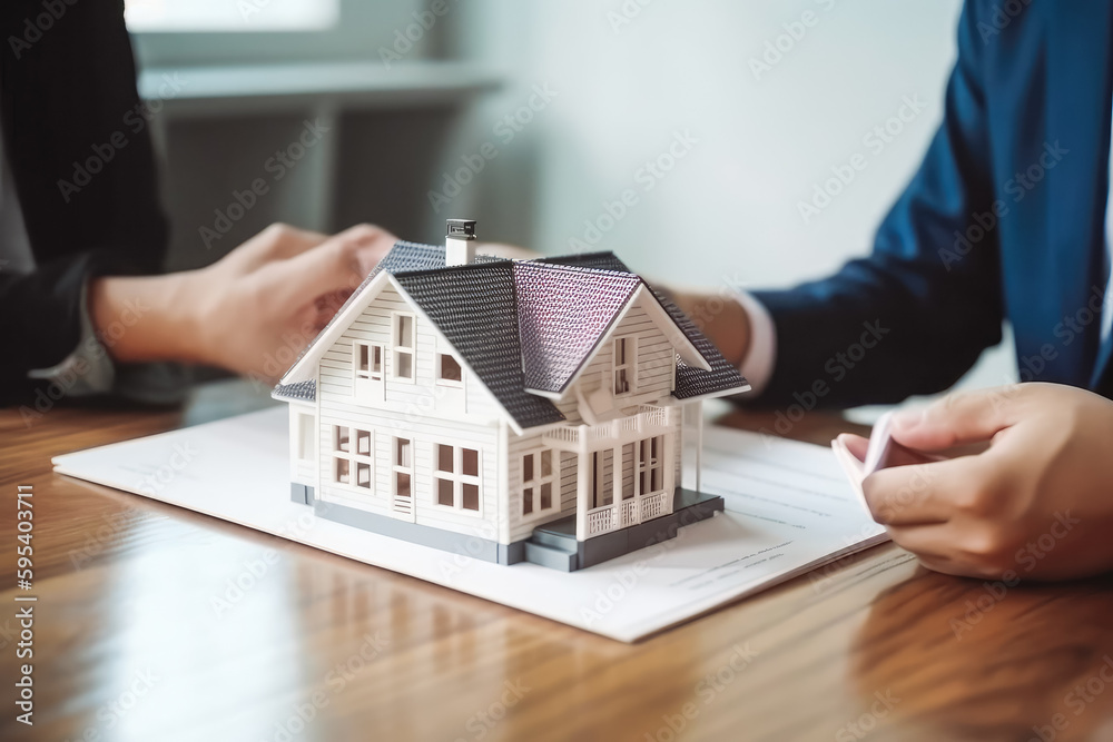 Fototapeta premium House model with real estate agent and customer discuss buying new home. Meeting with real estate agent Generative AI.