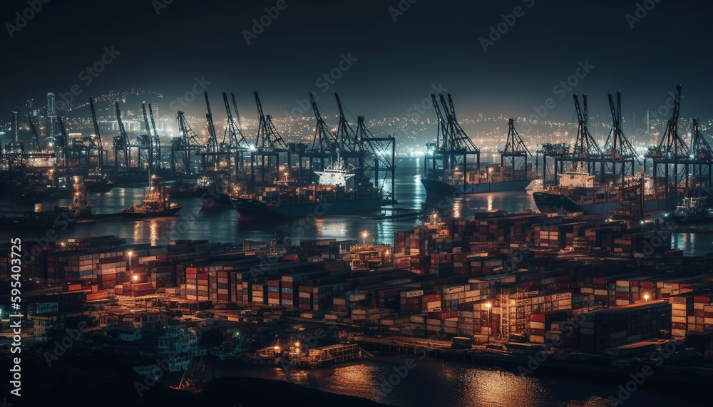 Container ship unloading at illuminated commercial dock generated by AI
