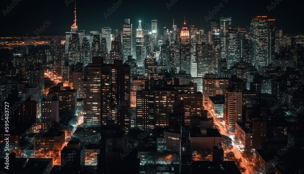 Glowing skyscrapers illuminate the futuristic cityscape at night generated by AI