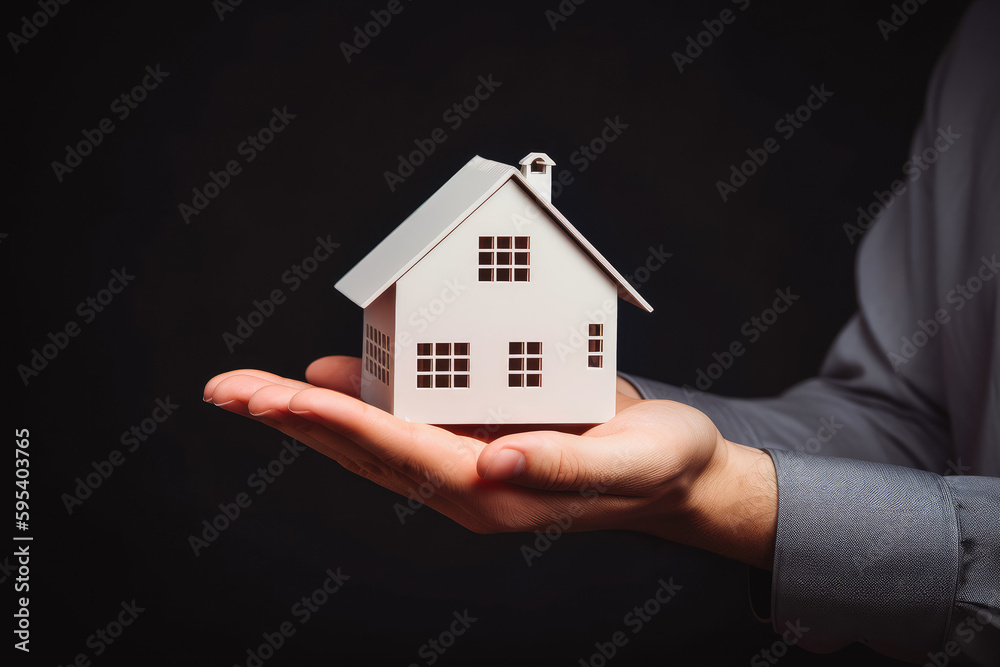 the house in human hands. Person holding a model of house. Concept of buying new home. Generative AI. the house in human hands. Person holding a model of house. Concept of buying new home. Generative AI.