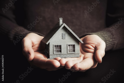 the house in human hands. Person holding a model of house. Concept of buying new home. Generative AI.