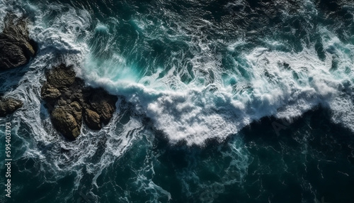 Breaking waves crash on rocky coastline, splashing foam generated by AI