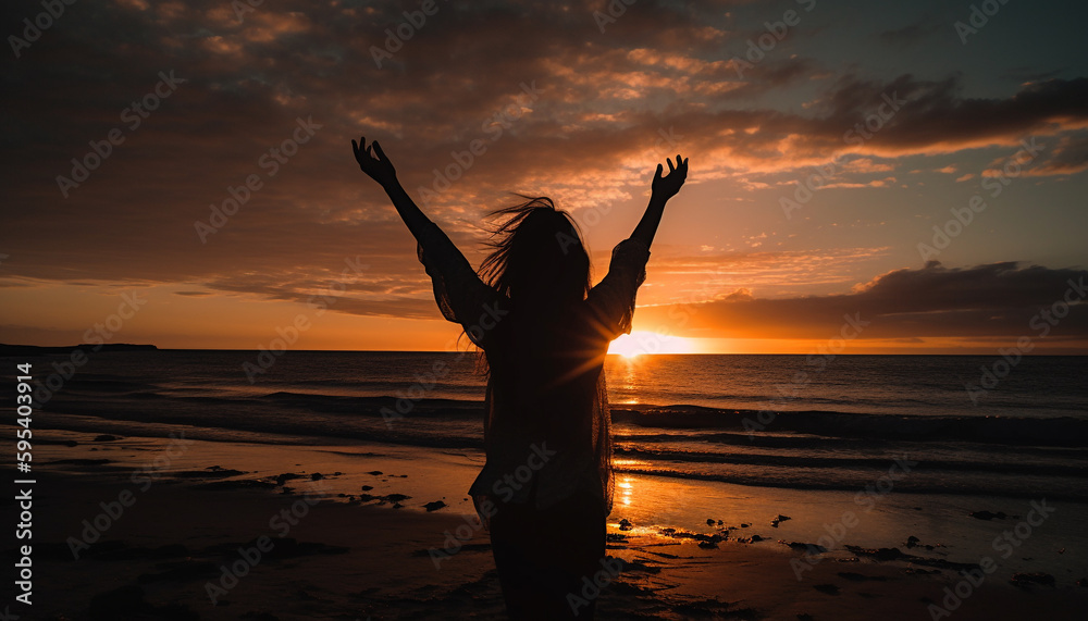 Arms raised in joy, one woman celebrates sunset generated by AI
