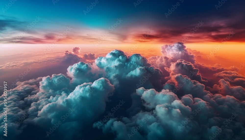 Naklejka premium Vibrant sunset sky over idyllic landscape scene generated by AI