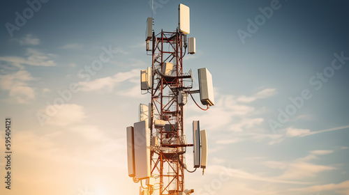 Mobilfunkmast, Basisstation für 5G Mobilfunkstandard, stehend für die fünfte Generation des Mobilfunks (Generative AI)