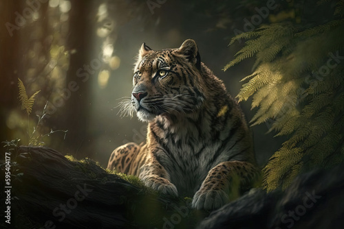 Generative AI. Wild adult bengal female tiger or panthera tigris tigris in the woods photo