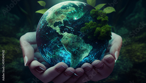 Hands of Renewal: Preserving and Nurturing Our Green Earth. Nestled lovingly in the palm of a human hand is a vibrant Earth globe, radiating with lush greenery.