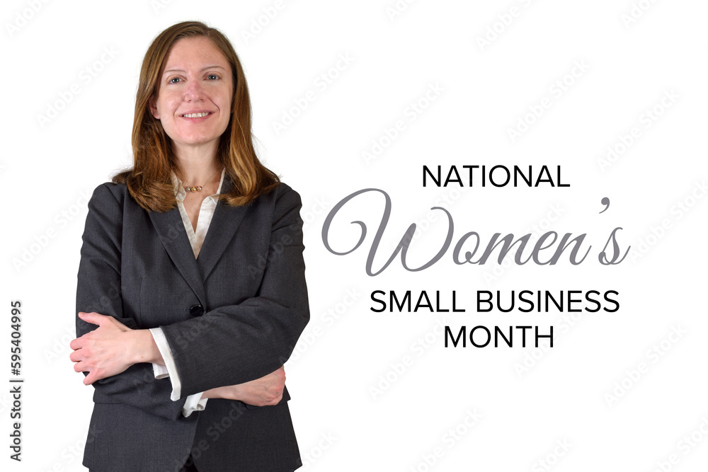 National Women's Small Business Month Banner with Business Woman on White Background National Women's Small Business Month Banner with Business Woman on White Background