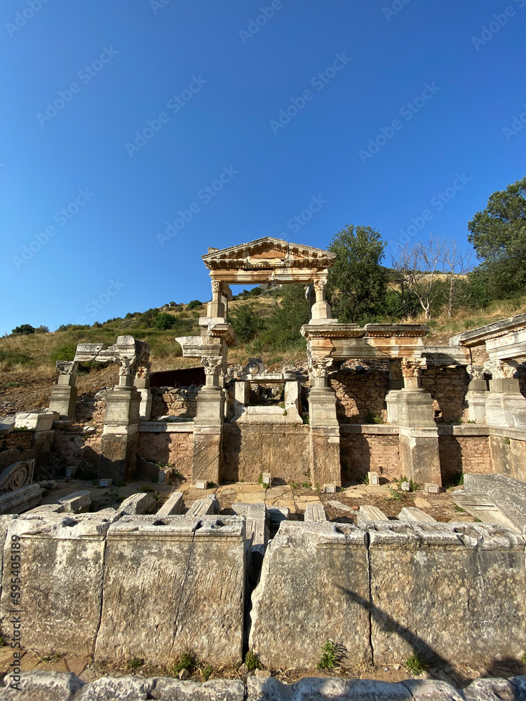 The fountain of Trajan is one of the finest monuments in Ephesus constructed in honor of Roman Emperor Traianus. Statues of Dionysos, a Satyr, Aphrodite and family of the Emperor are now in museum.