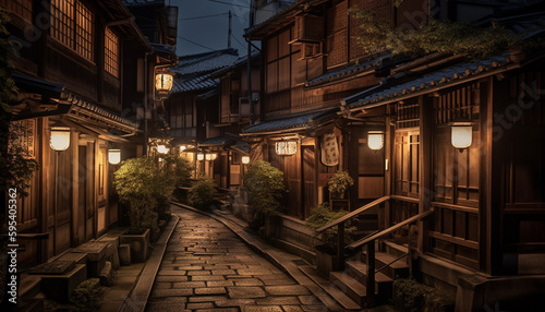 Illuminated lanterns light up old Chinese architecture generated by AI