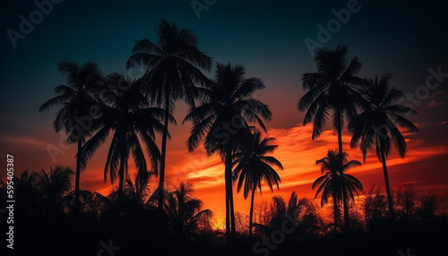 Silhouette palm trees back lit by sunset generated by AI