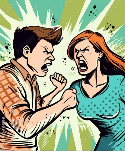 Illustration of Woman and a man swear among themselves  screaming and violence