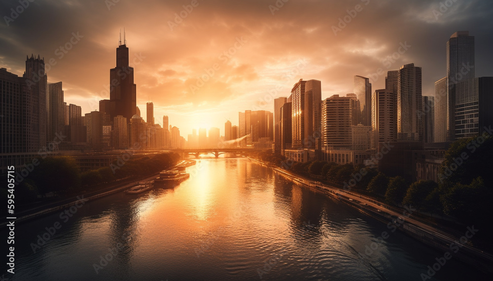 Skyscrapers silhouette city skyline at sunset reflection generated by AI Skyscrapers silhouette city skyline at sunset reflection generated by AI