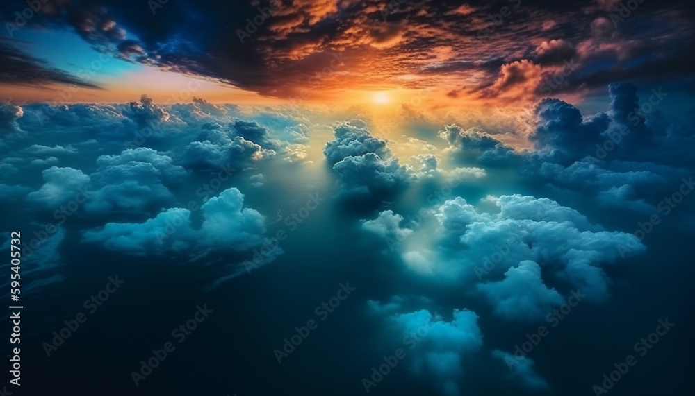 Vibrant sunset sky over tranquil water mid air generated by AI