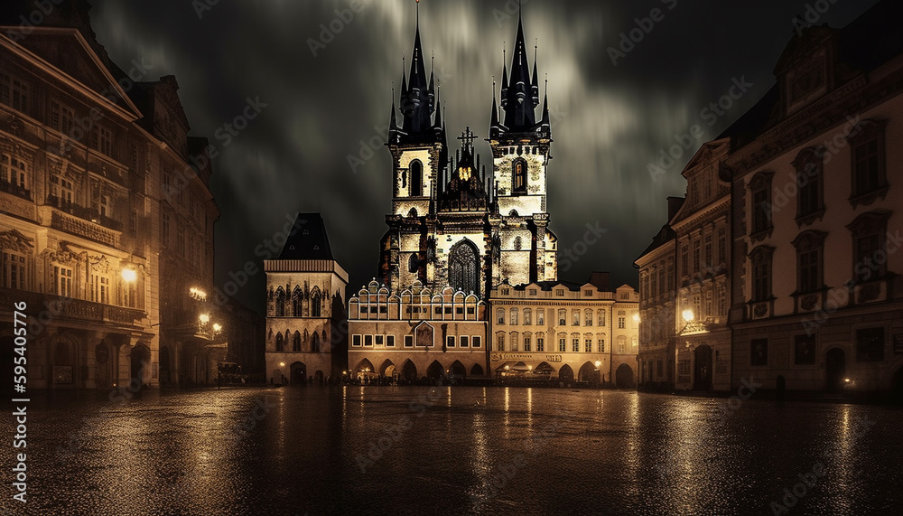 Majestic Gothic architecture illuminated in the dark generated by AI