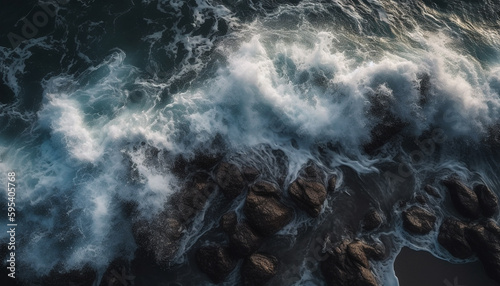 Breaking waves crash against rocky coastline, splashing foam generated by AI