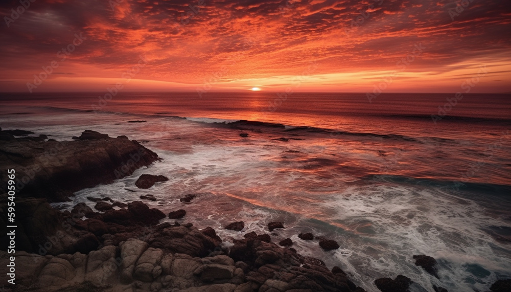 Sunset over rocky coastline, nature beauty revealed generated by AI