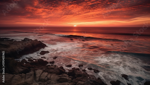 Sunset over rocky coastline, nature beauty revealed generated by AI
