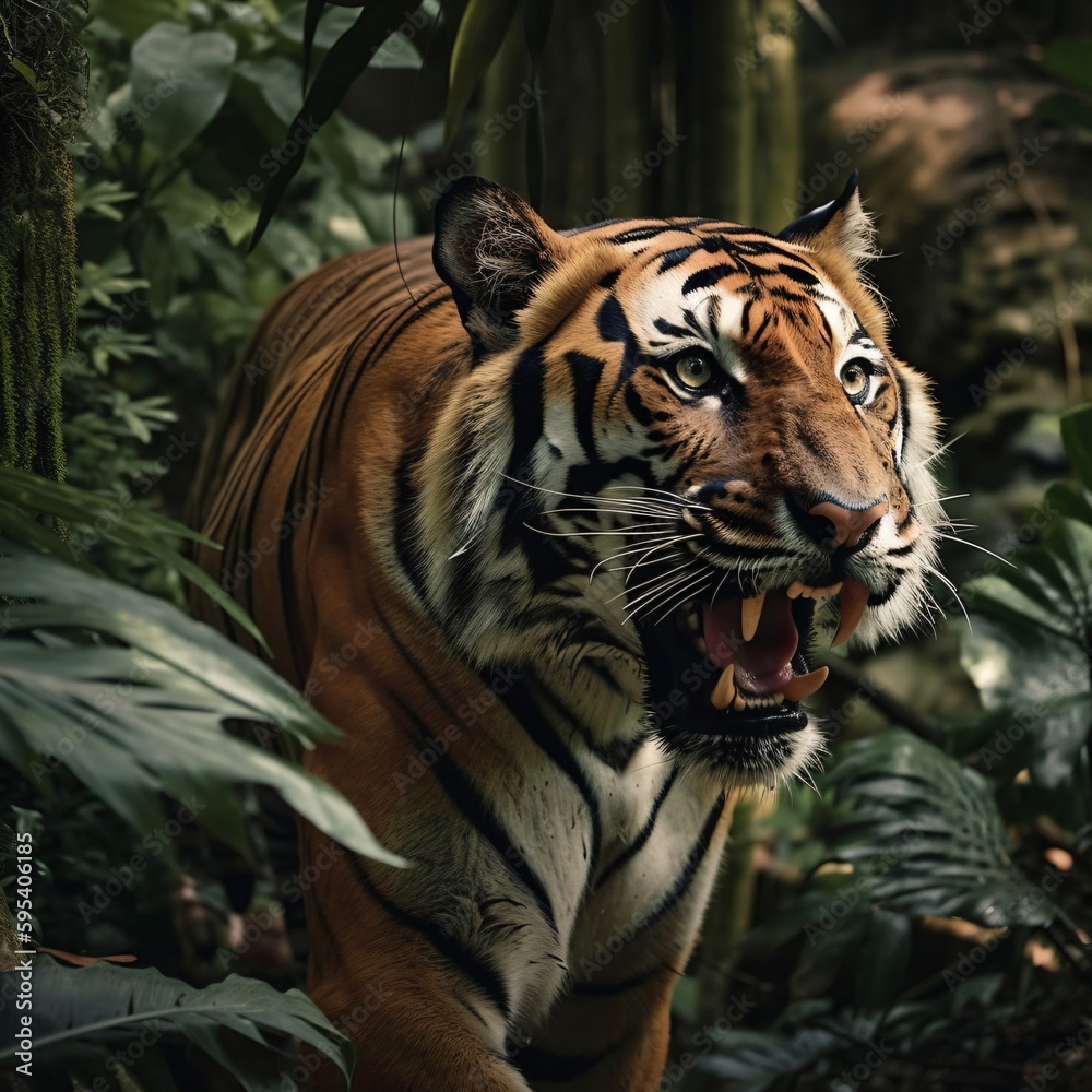 a lifelike tiger comes out of the jungle created with Generative AI technology