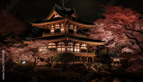 Illuminated pagoda at dusk, cherry blossoms bloom generated by AI