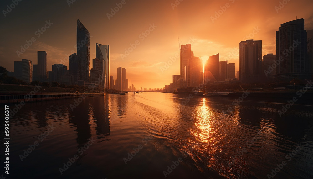 Sunset illuminates modern skyline, reflecting on water generated by AI