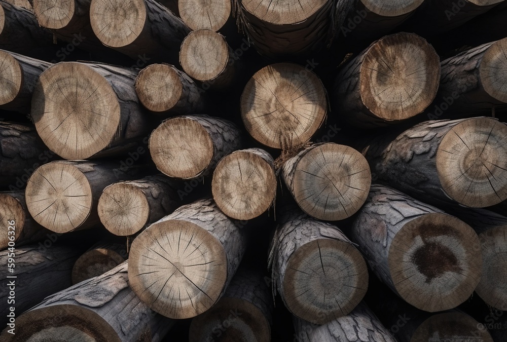 Wood logs of fruit trees cherry, pear, apple closeup. Trimming garden in spring. Preparation of firewood for the winter. Generative AI
