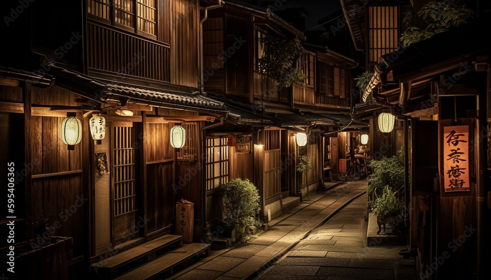 Illuminated lanterns adorn old Japanese tea room generated by AI