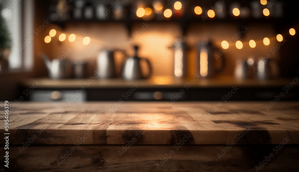 image of wooden table in front of abstract blurred background of coffee shop lights.Blur coffee shop or cafe restaurant with abstract bokeh light background. 